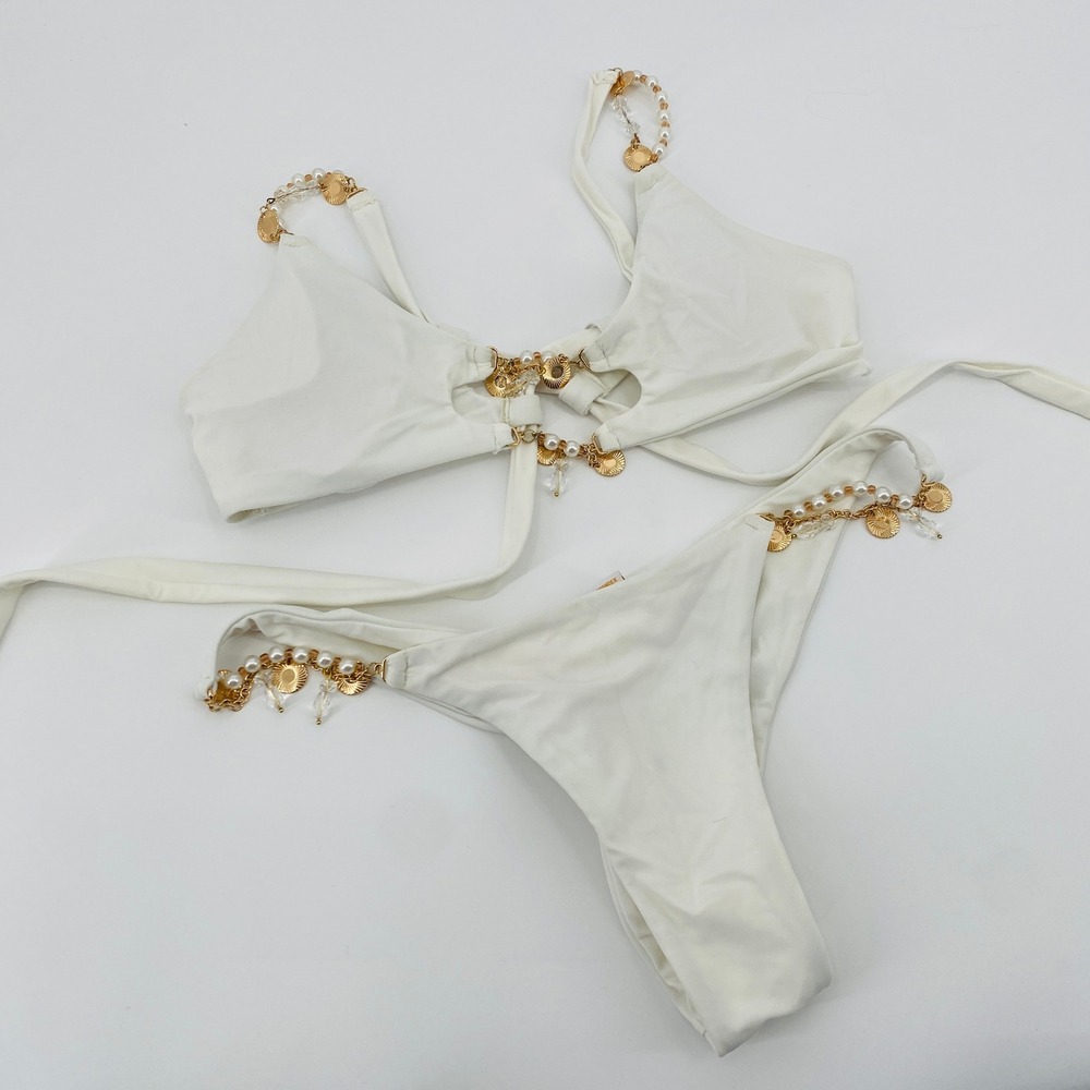 Bahimi Cara Brazilian Bikini Set S/M White Pearl Charm Shell Two Piece - Picture 2 of 7